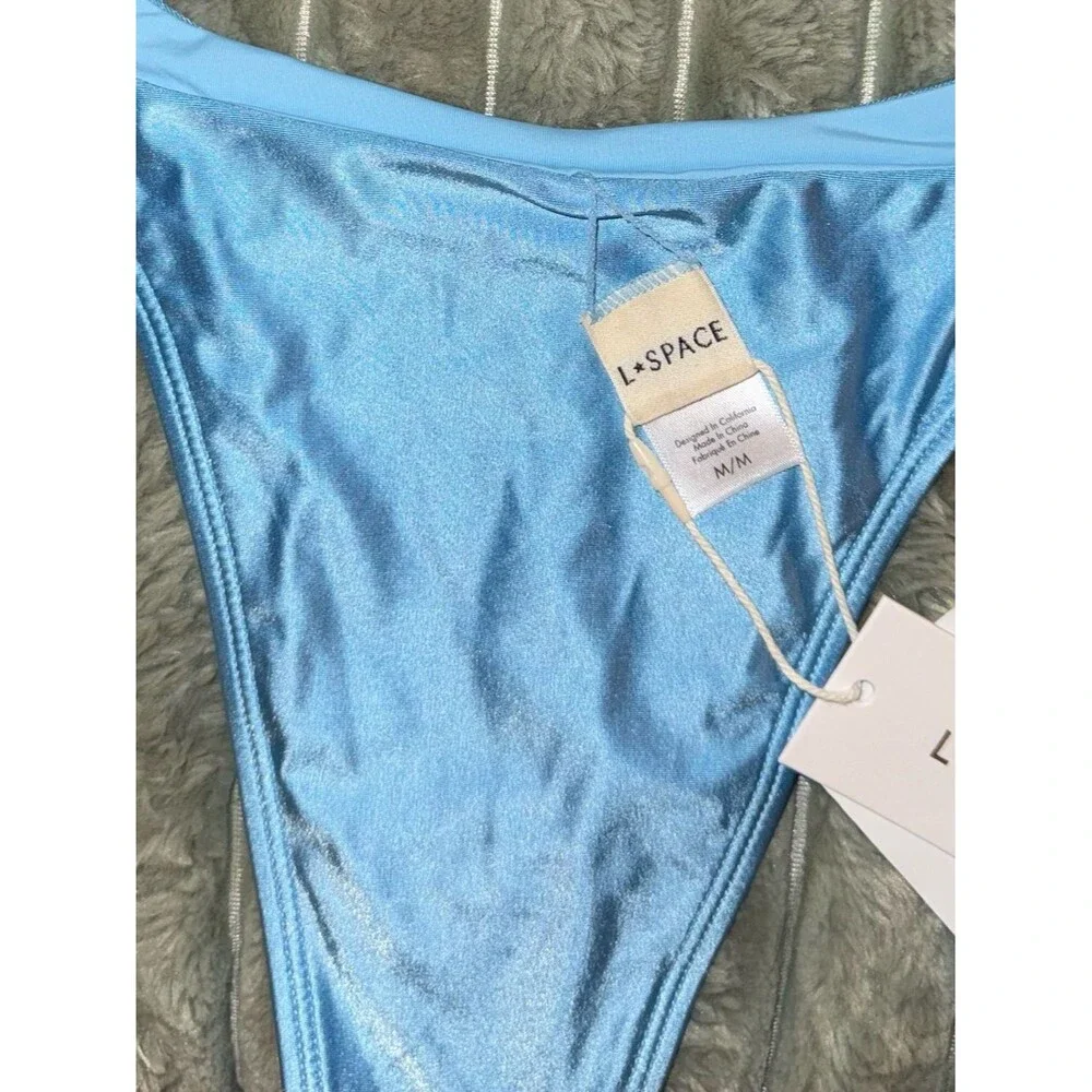 l*space Sky Blue Bandeau Bikini Top with seashell & gold metal D ring bottom M